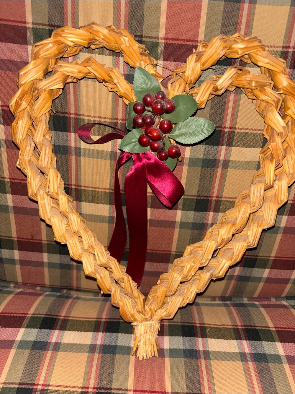 Heart-Shaped Woven Straw Holiday Wreath with Red Berry Accent 12 inches